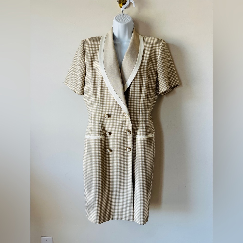 Vintage Tan & Cream Trim Double Breasted Blazer Style Dress Size 12 - Picture 4 of 10